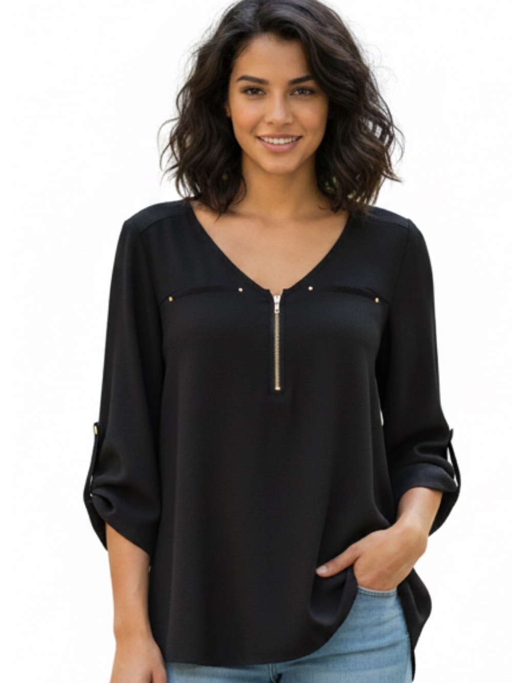 Tempted Black Zip Front Blouse Small 3/4 Sleeve Roll Tab Casual Top